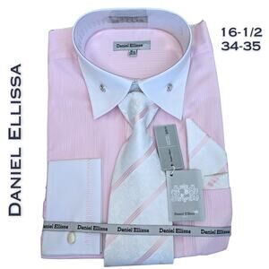 Daniel Ellissa Dress Shirt Tie Set Large 16.5 Pink White French Cuff Studs NEW